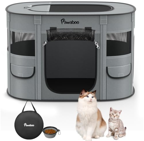 Pawaboo Parc Enclos Pliable Chien Chat, Enclos Intérieur Extérieur Portable, Cage Clôture Tente d'exercice en Tissu Oxford pour Petits Animaux, avec Bol à Nourriture, M, Gris de Charbon