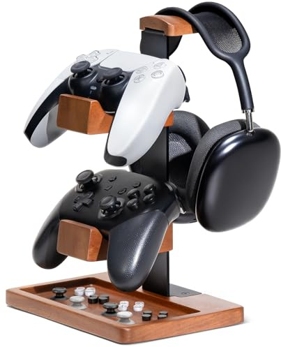 HUMANCOZY Solid Wood Controller Holder and Headphone Stand, Gaming Controller Stand for Desk, Dual Controller Organizer Rack, Fits Xbox, PS4, PS5, Gamepad, Headset Holder for Son, Husband, Boyfriend