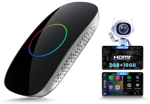 Carplay AI Box, Carplay inalámbrico y Android Auto y Android 2 GB + 16 GB, Dispositivo de transmisión para Coche para Youtube, Netflix y Mucho más con WiFi/Bluetooth Dual Integrado, OTA, Negro