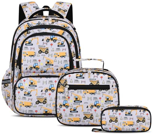 Amythe 3-delat set skolryggsäck pojkar 1. Klass med matlåda och fjädermappar, barnryggsäck 25 l med reflektorer, skolryggsäck grundskola pojkar 6–10 år vattentät med bröstbälte, Bagger, 28x22x40 cm