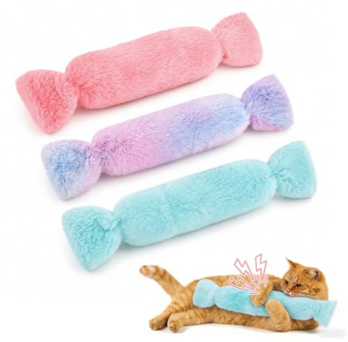 3 piezas de juguete para gatos, juguete de hierba gatera, cojín de patada para gatos, juguete de peluche con forma de caramelo y papel crujiente para gatos de interior y gatitos jóvenes (tres tonos