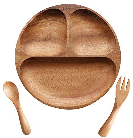TAMUME Plato de Madera con 3 Compartimentos para Niños con Conjunto de Cuchara y Tenedor de Madera para Niños