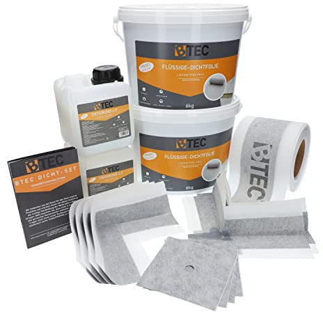 BTEC Dicht-Set Bad Standard 12 Kg Flüssigfolie, 4 Innenecken, 4 Wandmanschetten, 2 Außenecken, 20m Dichtband, 2l Tiefgrund Abdichtung Dichtset Abdichtungsset Fliesenabdichtung