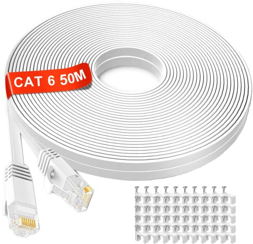 MEIPEK Ethernet Cable 50m Outdoor, Cat 6 High Speed Internet Cable 50m Long Flat Pure Copper Core Network LAN Cable 10/100/1000Mbps, Gigabit RJ45 Patch Cord for Router Switch Modem(50 Clips)