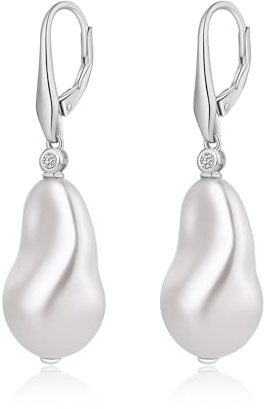 JiaYang Baroque Pearl Dangle Earrings for Women 18K White Gold Plated Cubic Zirconia 8MM-10MM Irregularly Pearls Drop Earring Sterling Silver Fine Jewelry