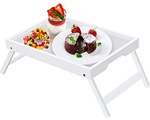 Artmeer Mesa de Cama con Patas Plegables, Desayuno de bambú en la Cama para Mesa de TV, Bandeja de computadora portátil, Comida, Bandeja de Aperitivos (Blanco)