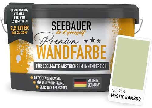 SEEBAUER diy Wandfarbe Grün 2,5L für Innen (No. 714 Mystic Bamboo) Edelmatte hellgrüne Innenfarbe - Grüntöne sehr hohe Deckkraft - Matt, Abwaschbar und Tropffrei