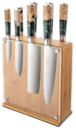 Katana Saya Elements 9-delat knivblock, regnskogsgrön – Högkolhaltigt VG-10 Damaskusstål för extrem hårdhet och skärpa – Handtag i naturligt olivträ och harts