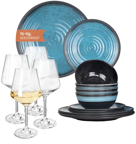 Melamin Campingservis set för 4 personer Stone Blue 4 Milano vitt vinglas servis picknick BBQ köksredskap