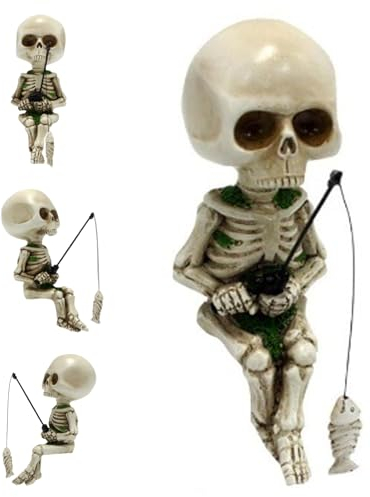 Occzin Accesorios de jardín de esqueleto de pesca, mini figuras de esqueleto, decoración para entusiastas de la pesca, regalo, estanque, fuente, cascadas, lado de la piscina, gótico, hogar, oficina,