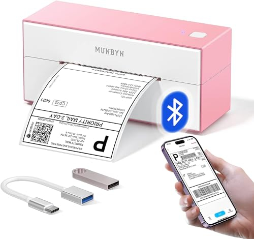 MUNBYN Bluetooth Etikettendrucker Label Drucker 4x6 Thermodrucker DHL UPS Versandetiketten Drucker Thermal Printer ettiketiergerät für Versandpakete Kompatibel mit Ebay Amazon Etsy Wish, 129, Rosa