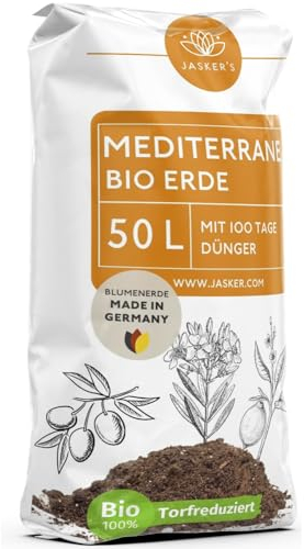 JASKER'S Bio Mediterrane Erde & Kübelpflanzenerde mediterran 50 L - Mediterrane Pflanzenerde mit 40% weniger Torf - Mediterane Pflanzerde mit Dünger - Als Lavendel Erde, Plumeria Erde & Oleander Erde