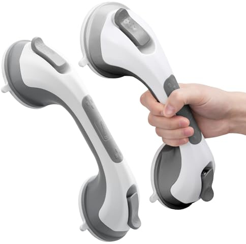 LEVERLOC Succion Poignée Ventouse Lot de 2, 31 CM Douche Barre d'appui pour Baignoire, 110 KG Poignées de Sécurité pour Salle De Bain, Seniors, Personnes Âgées, Barre de Maintien Amovible, Gris