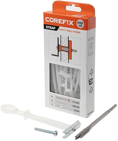 Corefix Fijación de pared con cavidad de correa, paquete de 4 (M5 x 40 mm), palanca universal de metal resistente para placas de yeso, ladrillo hueco o bloque. Sujeción segura, fácil de instalar y