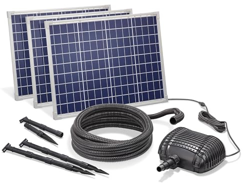 Esotec Solar Bachlaufpumpenset 150/4300, Bachlaufpumpe 4300 l/h, Wasserfallpumpe für Garten, Solarmodule 150Wp, 5 m Spiralschlauch inklusive 101571