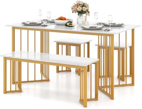 COSTWAY Matbordsset 4 delar, matsalsgrupp med 2 stolar, bord, bänk, rektangulärt köksbord marmor, modern matgrupp metall, för matsal kök vardagsrum, vit + guld, 150 x 80 x 75 cm
