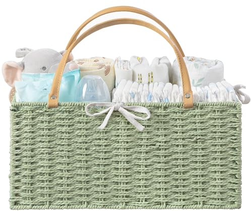 HBlife Large Baby Diaper Caddy Organizer Green, Paper Rope Storage Baskets Nursery Bin with Removable Divider, Portable Car Organizer for Diapers, Baby Shower Gifts, Newborn Essentials Must Haves