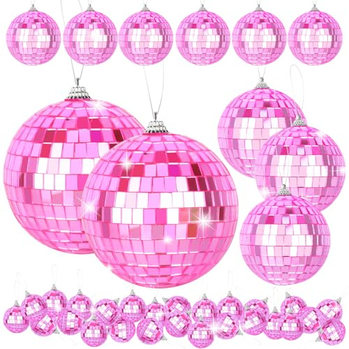 YCCOKJJ Lot de 41 boules décoratives roses réfléchissantes - 4 tailles: 4, 3, 2, 1,2 pouces - Mini boules disco à suspendre - Pour sapin de Noël et maison