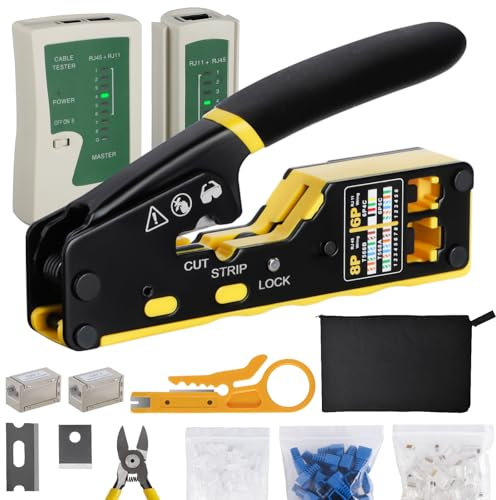 HENSHOW Crimpadora RJ45, Conectores de Red Alicates RJ45 Kit de Herramienta de Crimpado para CAT5, CAT5E, CAT6, CAT6A, Haz líneas telefónicas con 50x Conectores Pasantes y Tapas Protectoras