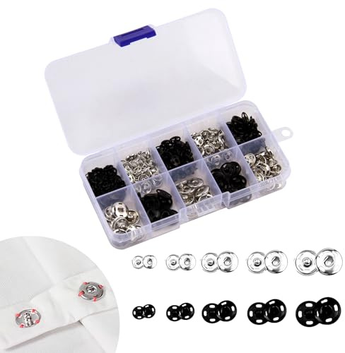 100 Pares Botones de Presión para Costura de 12mm, 10mm, 8.5mm, 7.5mm, Botones Metálicos en Negro y Plateado con Caja Transparente, para Ropa, Carteras, Bolsos y Proyectos de Bricolaje ﻿