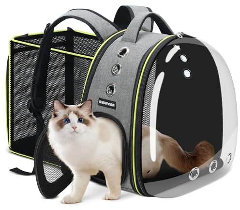 BIERPOER Katzen- und Hundetransportrucksack mit transparentem Fenster und Reißverschluss, erweiterbar, mit Belüftungslöchern und verstellbaren Gurten, für Katzen und kleine Hunde, grau