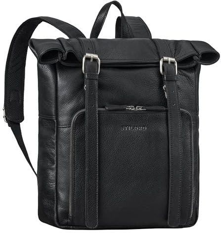 STILORD Celio läder rulltopp ryggsäck kvinnor och män – vintage rullryggsäck stor laptopryggsäck 15,6–16 tum – snyggt äkta läder cykelryggsäck för kontor och fretime, svart, XL