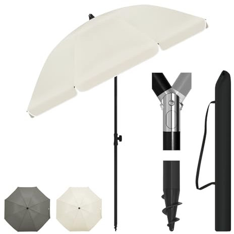 Laneetal Parasol de Plage Ø175 cm, Parasol Imperméable en Tissu Anti-UV à UPF 50+, Toile Inclinable, Hauteur Réglable, Parasol Rond pour Balcon/Terrasse/Patio/Piscine, Beige