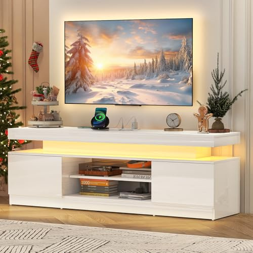 Verano Garden 63 LED TV Stand for 75 Inch TV, High Gloss Entertainment Center with Power Outlet & Light, Modern TV Media Console with 2 Storage Cabinets & Open Shelf for Living Room, Bedroom, White