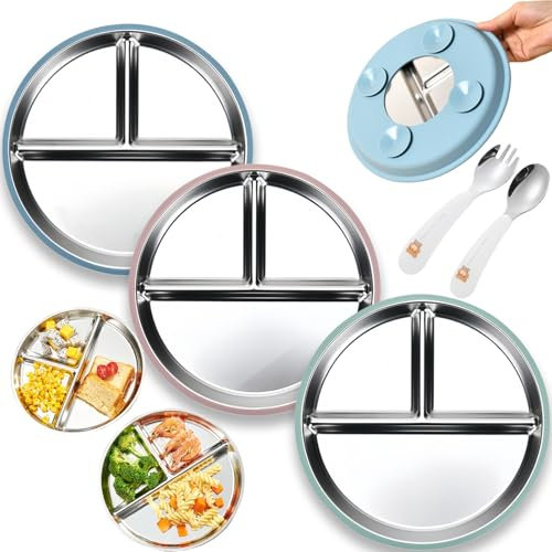 Shupiquant 3 Pcs Stainless Steel Plates Kids, Non-Slip Stainless Steel Toddler Plate Portion,9 Baby Plates with Suction for Easy Feeding, BPA-Free, Dishwasher Safe, Ldeal for Weaning