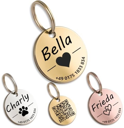 Hundemarke mit Gravur - Personalisiert - Edelstahl - ⌀30mm - Gold - Namensschild für Halsband - Dog Tag - Anhänger Marke für Hunde - mit Symbolauswahl - Tiermarke für Hunde, Katzen, Welpen, Pferde