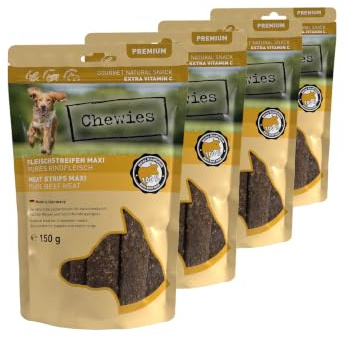 Chewies Köttremsor Maxi hundgodis gjorda av 100% nötkött – 4 x 150 g – lufttorkade nötkreatur tuggremsor för hundar – sockerfri och spannmålsfri – torkkött från nötkött