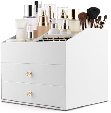 Homeanda Makeup Organiser, 2 Drawer Dressing Table Organiser, PU Leather | Cosmetics Organiser and Vanity Organiser for Skincare, Perfume, Brushes, Lipstick, Eyeshadow and Jewellery, White