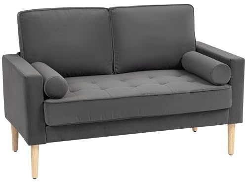 HOMCOM Canapé 2 Places canapé Moderne en Velours 127 cm, Coussins à Ressorts épais, Pieds en Bois d'hévéa, 2 oreillers et Assise capitonnée, Banquette 2 Places pour Salon, Chambre, Petit Espace, Gris