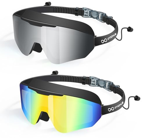 Otionus 2 Pack Adult Swim Goggles, Frameless Wide View, Earplugs | Anti-Fog, UV Protection, No Leak Fit