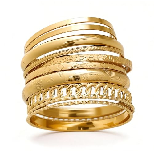 Pulsera de Oro Brazalete Conjunto, 10 PCS Pulsera de Oro para Mujer, 14 Quilates, Apilable Bracciali Rigidi Donna, Estilo Indio, para Vacaciones y Vida Cotidiana (A)