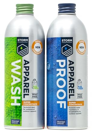 STORM Apparel Wash & Proof Twin Pack 450ml | Super Concentrate | Wash-In Performance Cleaner & Waterproofer for Technical Clothing | Designed for Outdoor Jackets & Trousers. Treat up to 18 Garments.