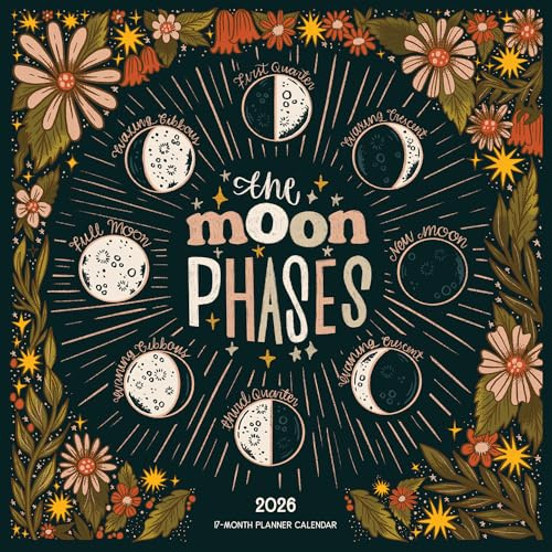Moon Phases - Calendario da parete 2026, con grande griglia mensile, 17 mesi, per la famiglia, da agosto 2025 a dicembre 2026, calendario lunare con cicli lunari giornalieri, 30,5 x 30,5 cm