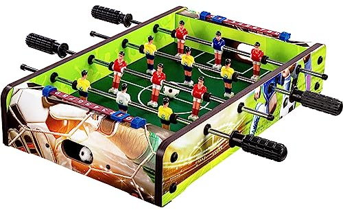 GAMES PLANET Mini-Tisch-Kicker Tischfussball „Dundee“, Soccer Dekor, Maße: 51x31x8 cm, Gewicht: 2,6 kg, 4 Spielstangen, inkl. 2 Bälle