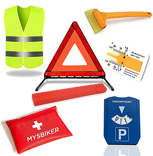 MYSBIKER Kfz Warndreieck und Verbandskasten Auto, 6 Im 1 Pannenwerkzeugsets mit Warnweste, Parkscheibe, Eiskratzer, Tiefenmessgeräte,Notfalltasche
