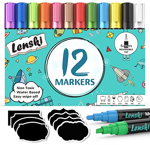 Lenski Einschulung Mädchen, 12 Kreidestifte für Tafel Abwaschbar, Stifte 6MM Kreidestifte für Fenster, Whiteboard Kreidemarker Fensterstifte Fenstermalstifte Tafelstifte Fensterkreide Glasmalstifte