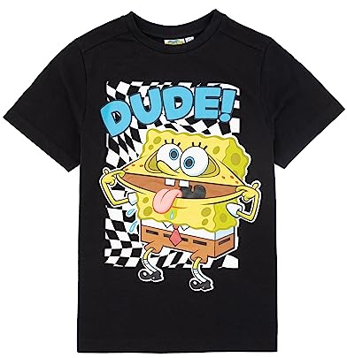 SPONGEBOB SQUAREPANTS Kids T-Shirt | Boys Girls Dude Checker Character Short Sleeve Black Top | TV Series Merchandise Gifts