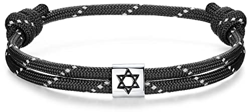 J.Endéar Davidstern Nautisches Armband Silber 925 | Handgefertigtes Segeltau Paracord Surfer Armband | Herren Damen Jungen Jüdischer Schmuck Schutz Amulett Spirituelles Geschenk, Schwarz