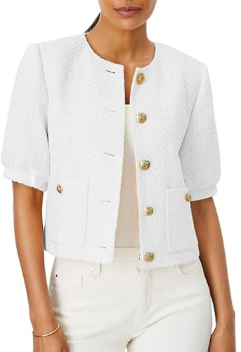 LifeShe Puff Short Sleeve Tweed Jacket Women Cropped Jackets Summer Open Front Office Work Blazer Coat