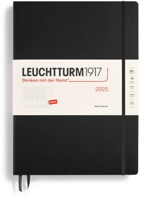 LEUCHTTURM1917 370792 Agenda semanal 2025, Master A4+, tapa dura, calendario de 12 meses, a rayas, negro, inglés