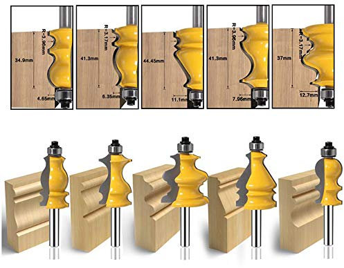 MAYLINE 1/4 Inch Shank Router Bits Sets 5 PCS, Tongue Groove Rail Stile Woodwork Milling Cutter Router Bit Set, Wood Cabinet Carbide CNC Cutting Tool for Door&Table Shelves (ER-04)