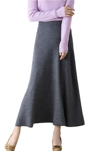 Ailaile Jupe longue pour femme - Automne et hiver - 100 % laine mérinos - Jupe tricotée - Jupe côtelée élastique solide et chaude, gris foncé, Taille L