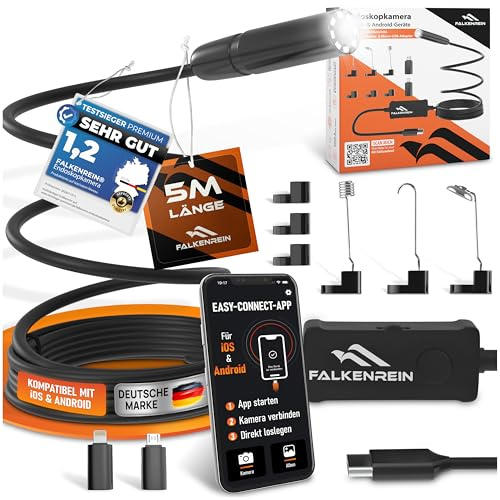 FALKENREIN® Smart Inspect Set - Endoskopkamera mit Licht und praktischem Zubehör | Kompatibel mit iOS und Android | Premium-Endoskopkamera für mühelose Inspektionen von Abfluss, KFZ, Wand & mehr