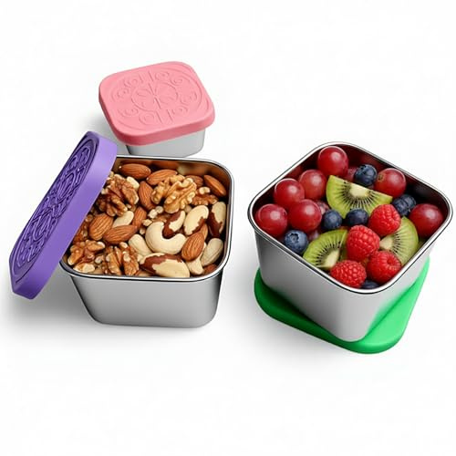 Caja de aperitivos de acero inoxidable para niños, juego de 3 piezas, fiambrera grande y pequeña, caja de almuerzo de acero inoxidable para niños, caja de almacenamiento con tapa, hermética para