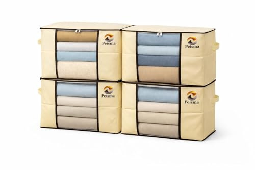 Peisma | Cajas de Almacenaje Ropa XXL 90L (Pack de 4) | Organizador Armario 60×40×35 cm con Ventana y Cremallera | Bolsas Canapé para Mantas, Sábanas, Ropa de Temporada