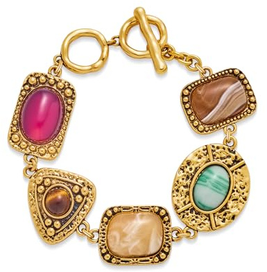 FAUTHENTICUTE Vintage Gold Charm Bracelet For Women With Toggle And Bar Closure Imitation Tiger Eye Carnelian Cabs In Antique Gold Stone Setting Unique Chunky Copper Bracelet For Everyday Wear